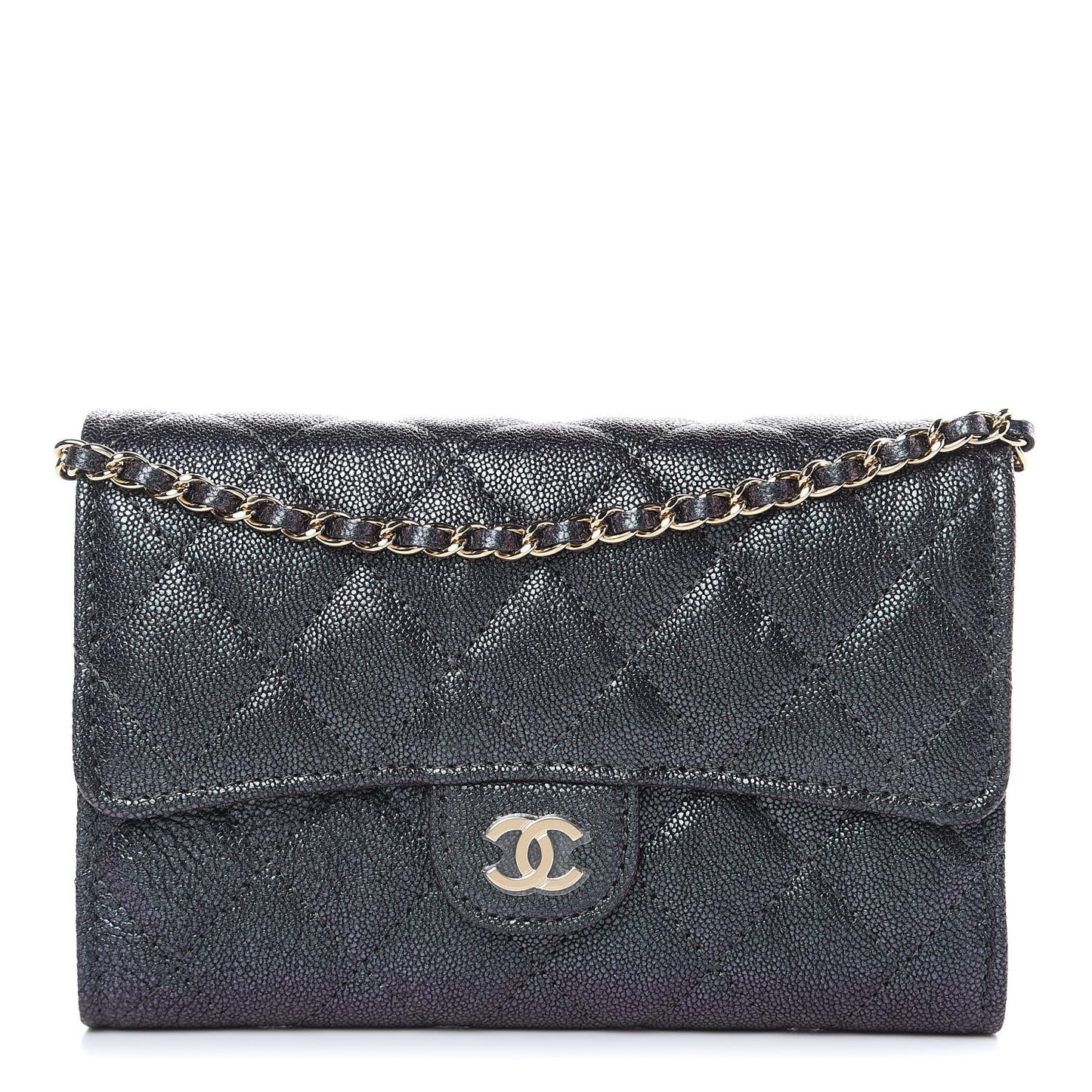 Iridescent Caviar Quilted Classic Clutch With Chain Black