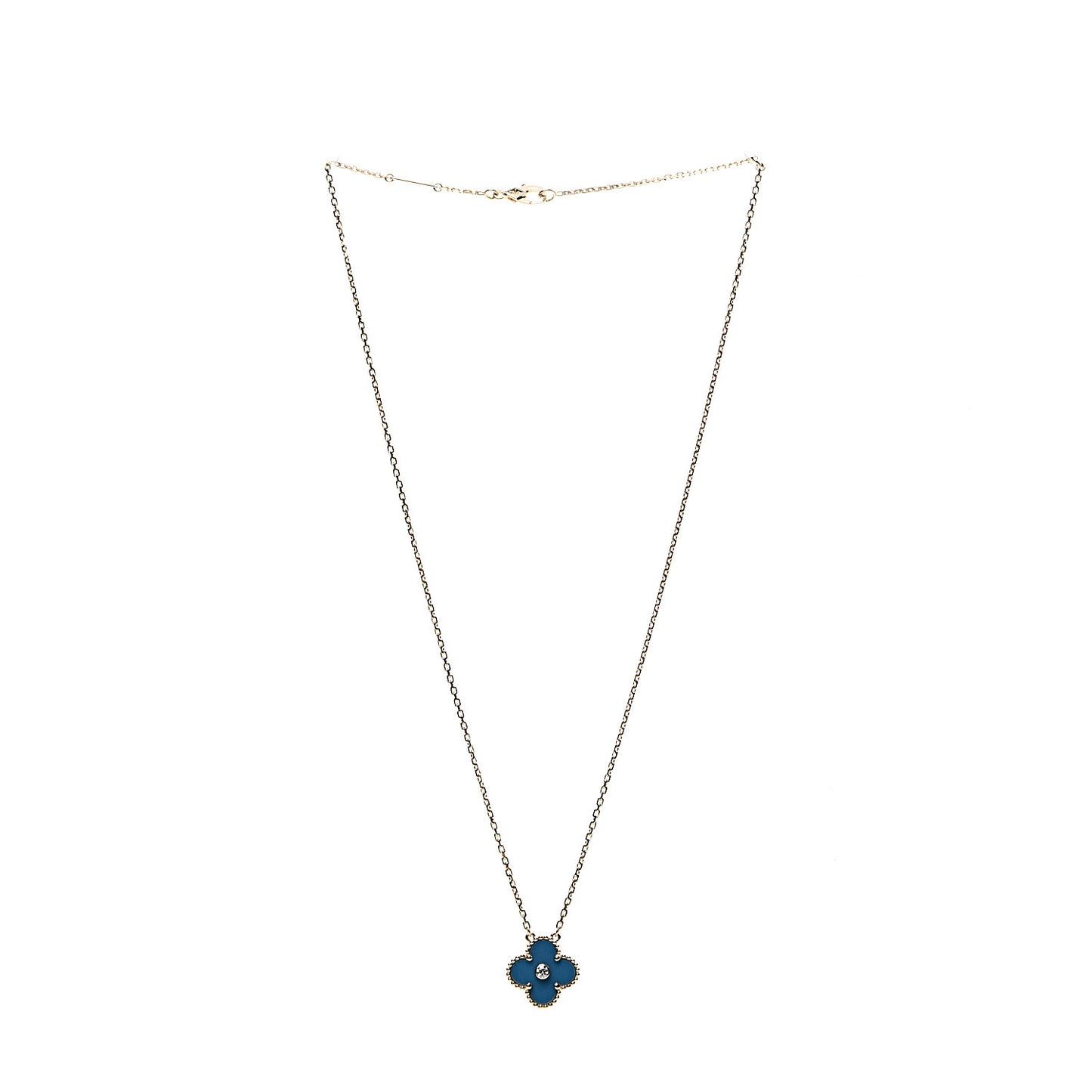 18K Yellow Gold Diamond Celestial Blue Sevres Porcelain Vintage Alhambra Pendant Necklace