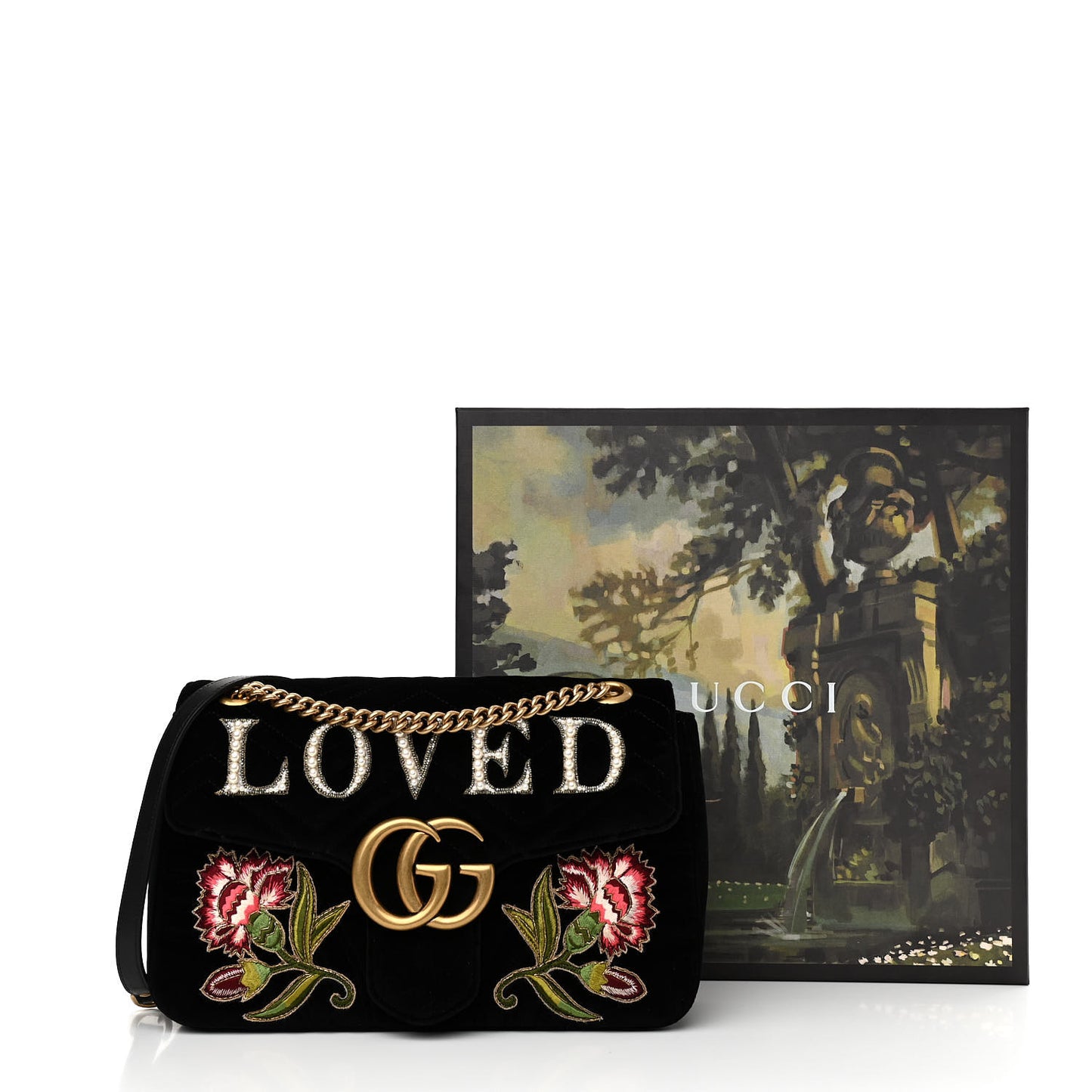 Velvet Matelasse Loved Embroidered Medium GG Marmont Shoulder Bag Black