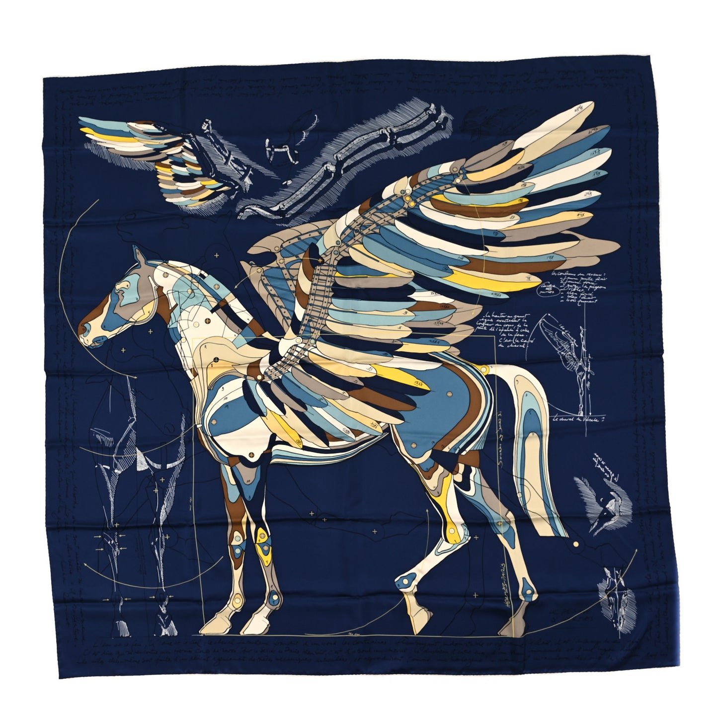 Silk Le Pegase D'Hermes Shawl 140 Bleu Marine Jaune White
