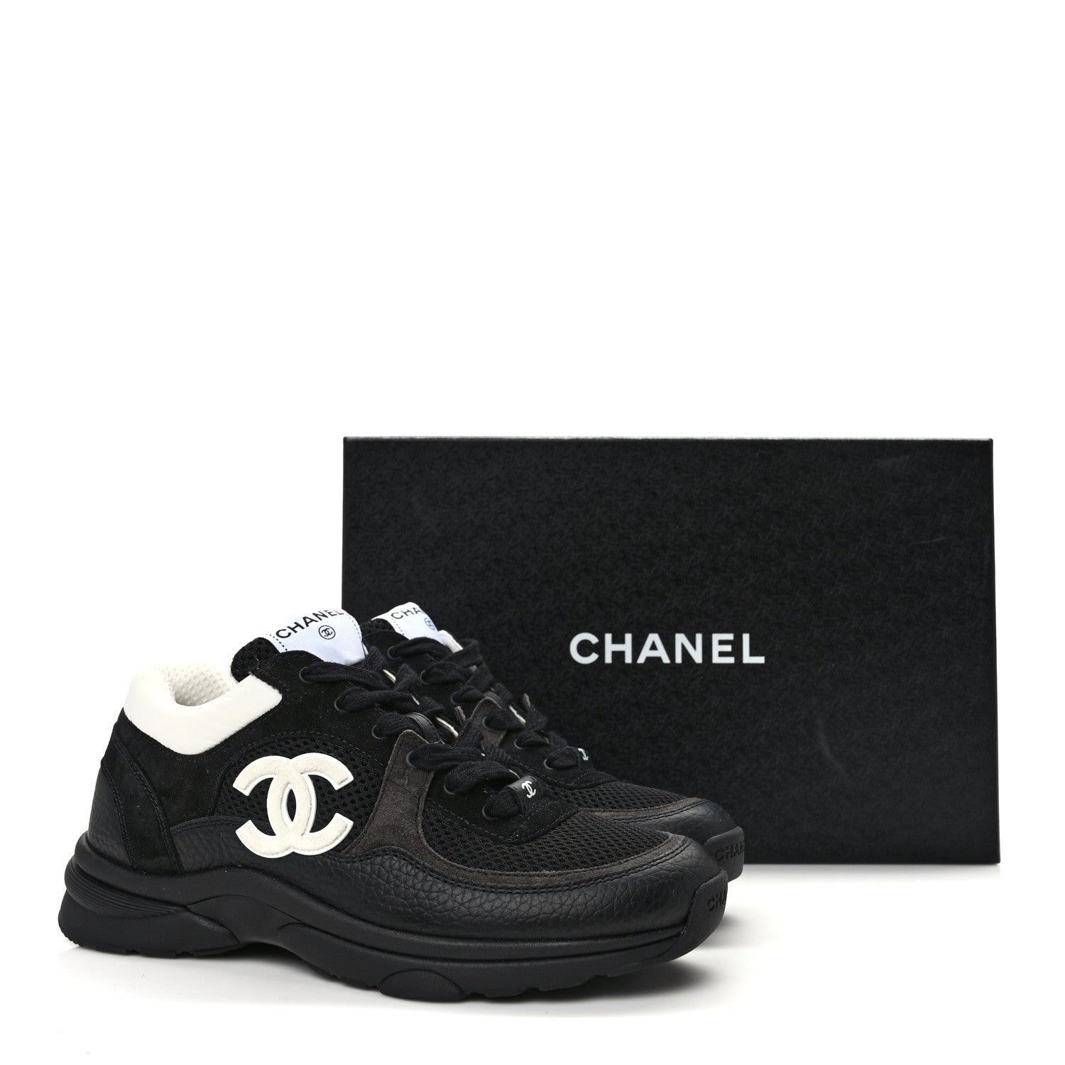 Chanel Mesh Suede Grained Calfskin Womens CC Sneakers 39 Black White 9 of 9