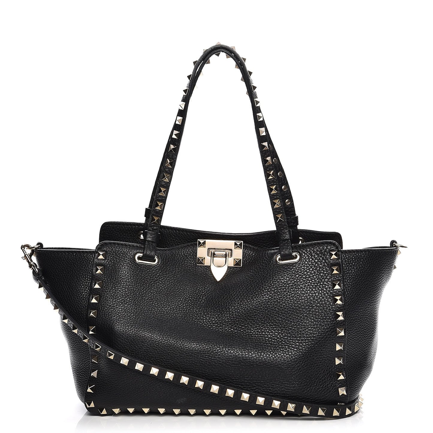 Grained Calfskin Small Rockstud Tote Black