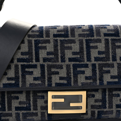 Fendi Chenille FF Embroidered Baguette Dark Blue Grey 7 of 9