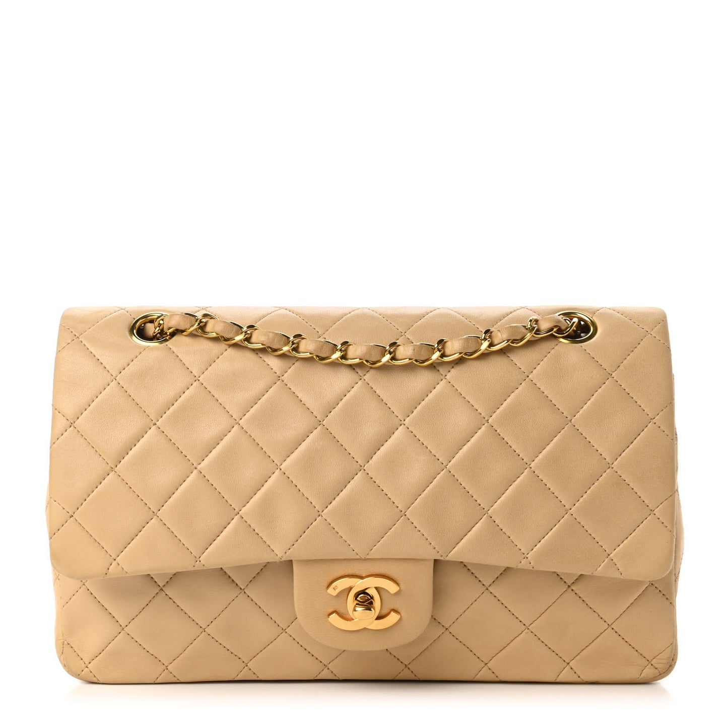 Lambskin Quilted Medium Double Flap Beige