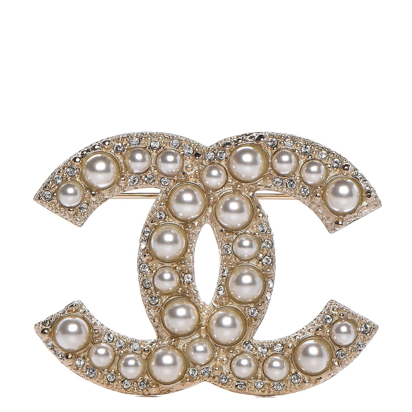 Pearl Crystal CC Brooch Gold
