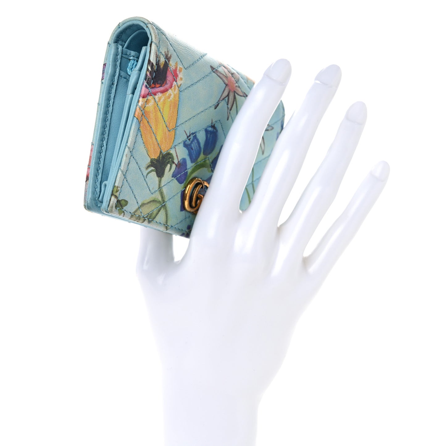 X UNSKILLED WORKER Calfskin Matelasse Flora Painted GG Marmont Card Case Wallet Cloudy Blue Multicolor