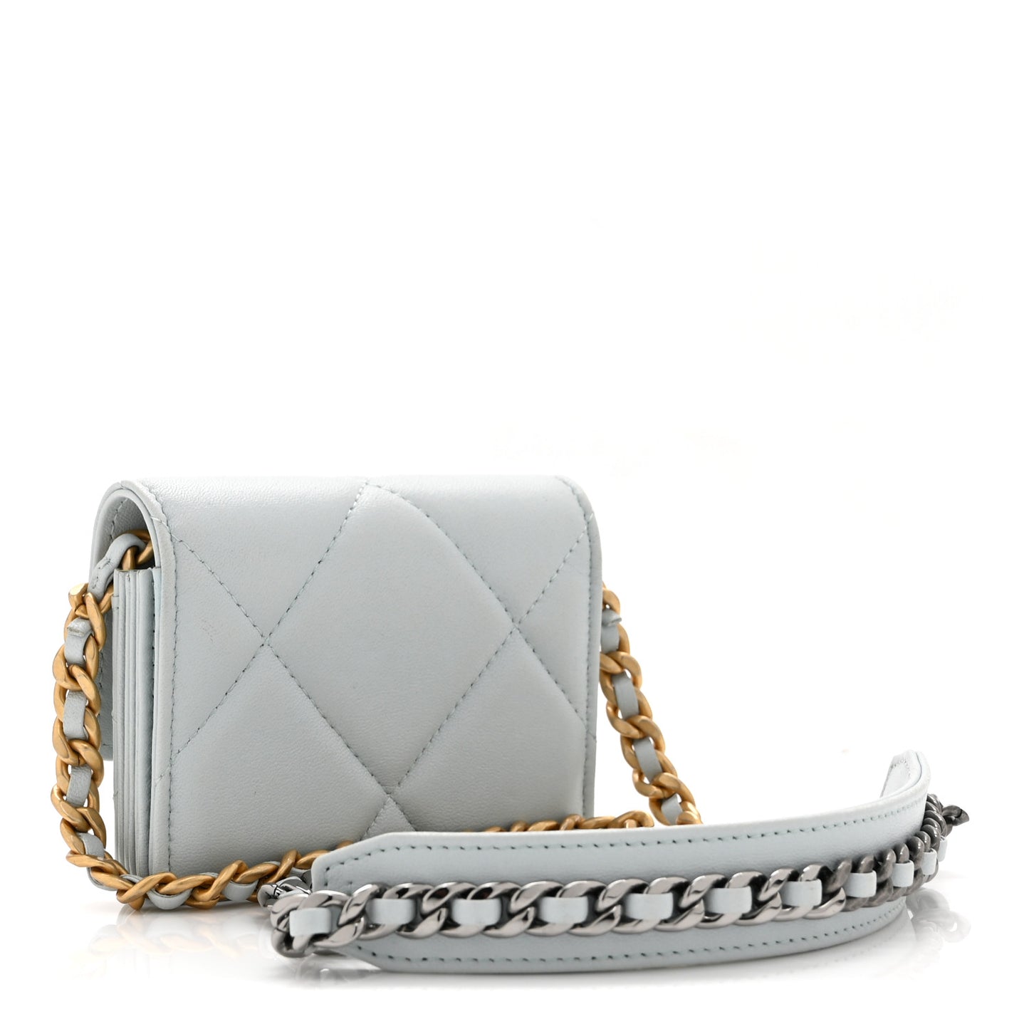 Lambskin Quilted Chanel 19 Flap Card Holder With Chain Light Blue