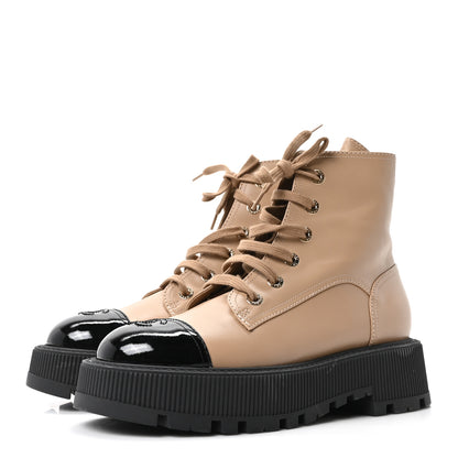 Chanel Calfskin Patent Calfskin CC Lace Up Combat Boots 39 Beige Black 4 of 10