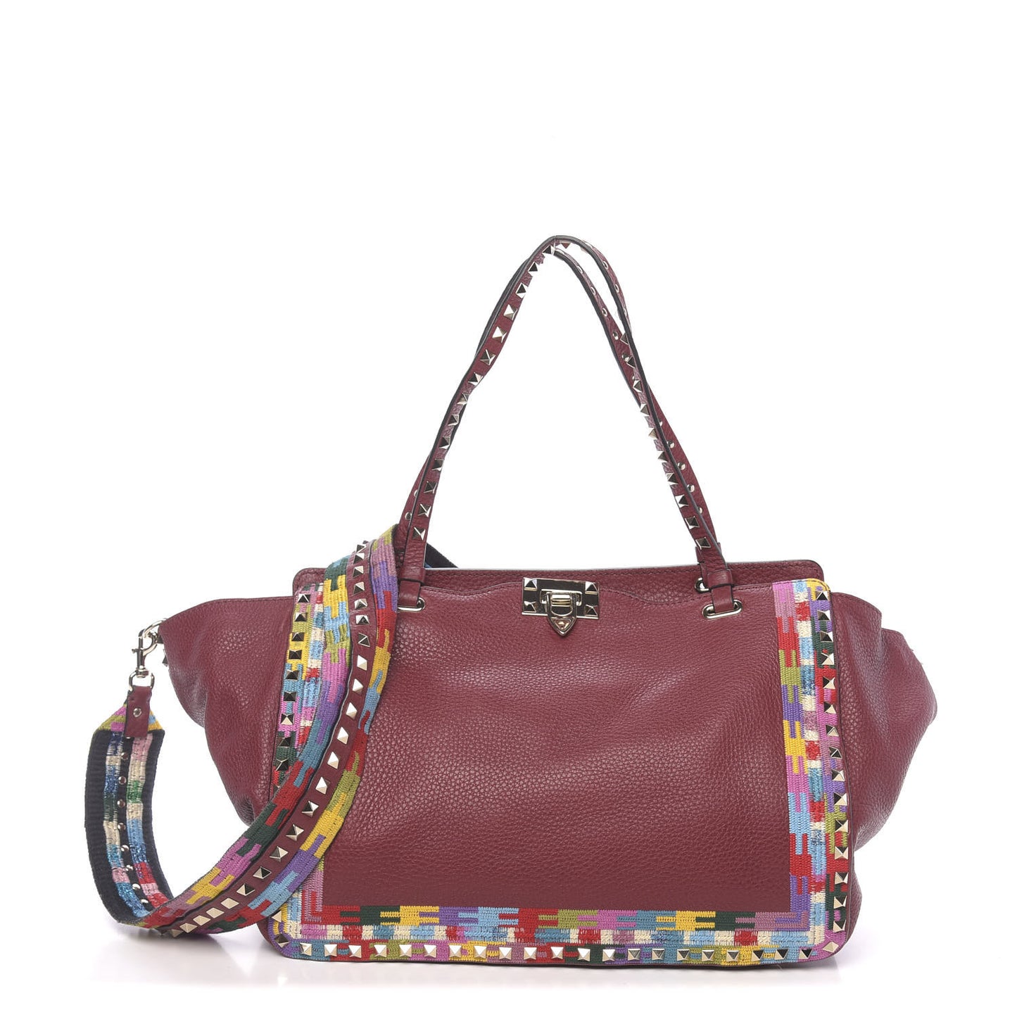 Grained Calfskin Embroidered Medium Rockstud Rolling Tote Red