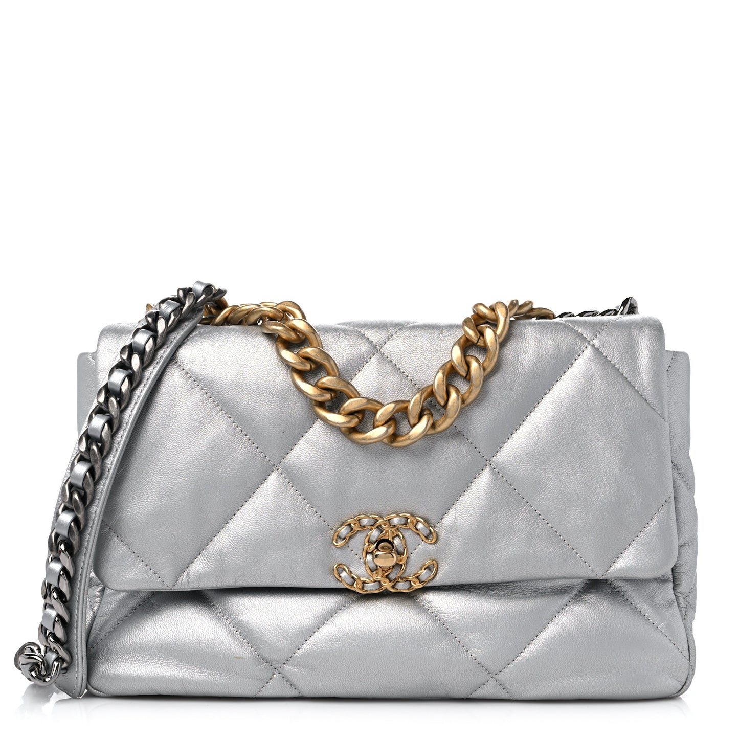 Metallic Goatskin Quilted Large Chanel 19 Flap Silver