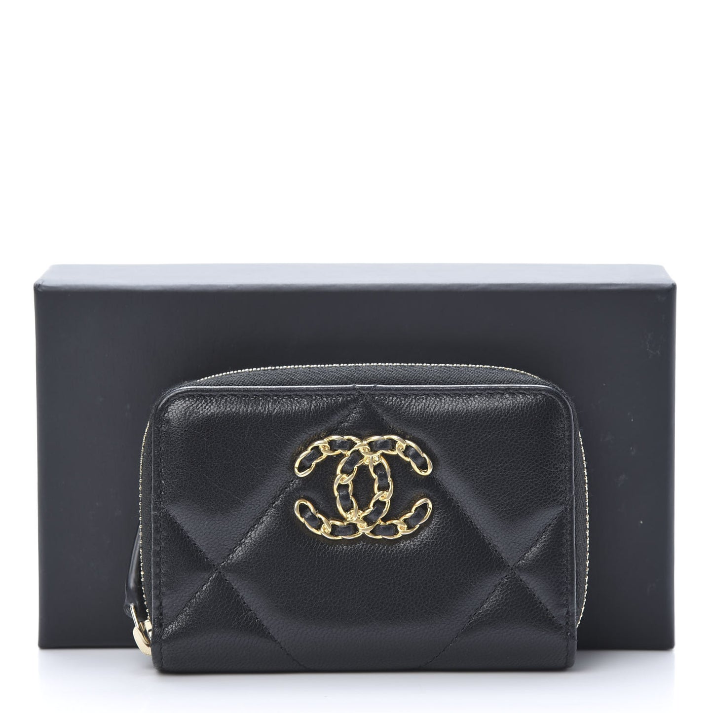 Shiny Goatskin Quilted Chanel 19 Zip Around Coin Purse Wallet Black