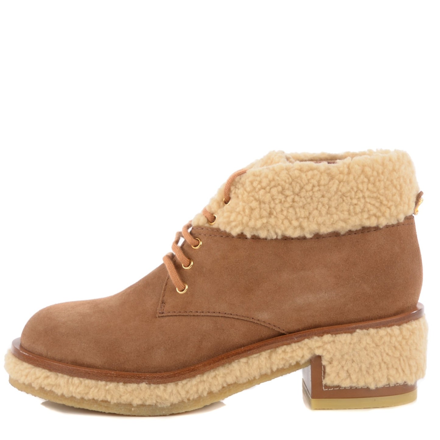 Shearling Suede Calfskin Lace Up Ankle Boots 37 Brown Beige