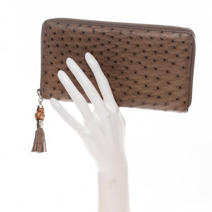 Gucci Ostrich Bamboo Zip Around Wallet Dark Beige 2 of 7