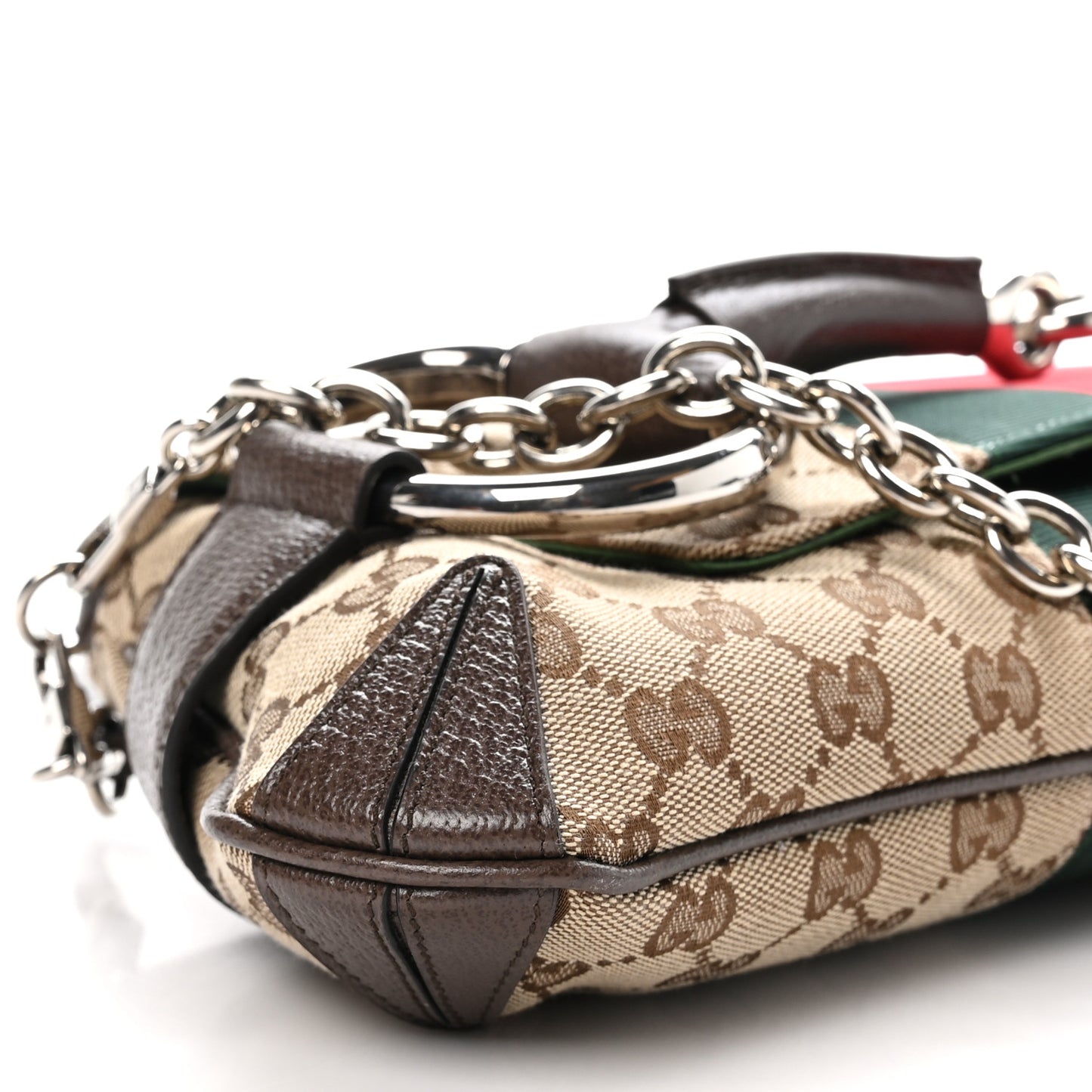 Monogram Textured Dollar Calfskin Heavy Grosgrain Web Medium Maxi Horsebit Chain Shoulder Bag Beige Ebony New Acero