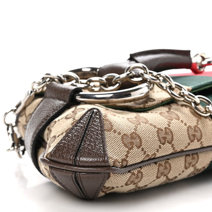 Gucci Monogram Textured Dollar Calfskin Heavy Grosgrain Web Medium Maxi Horsebit Chain Shoulder Bag Beige Ebony New Acero 8 of 9