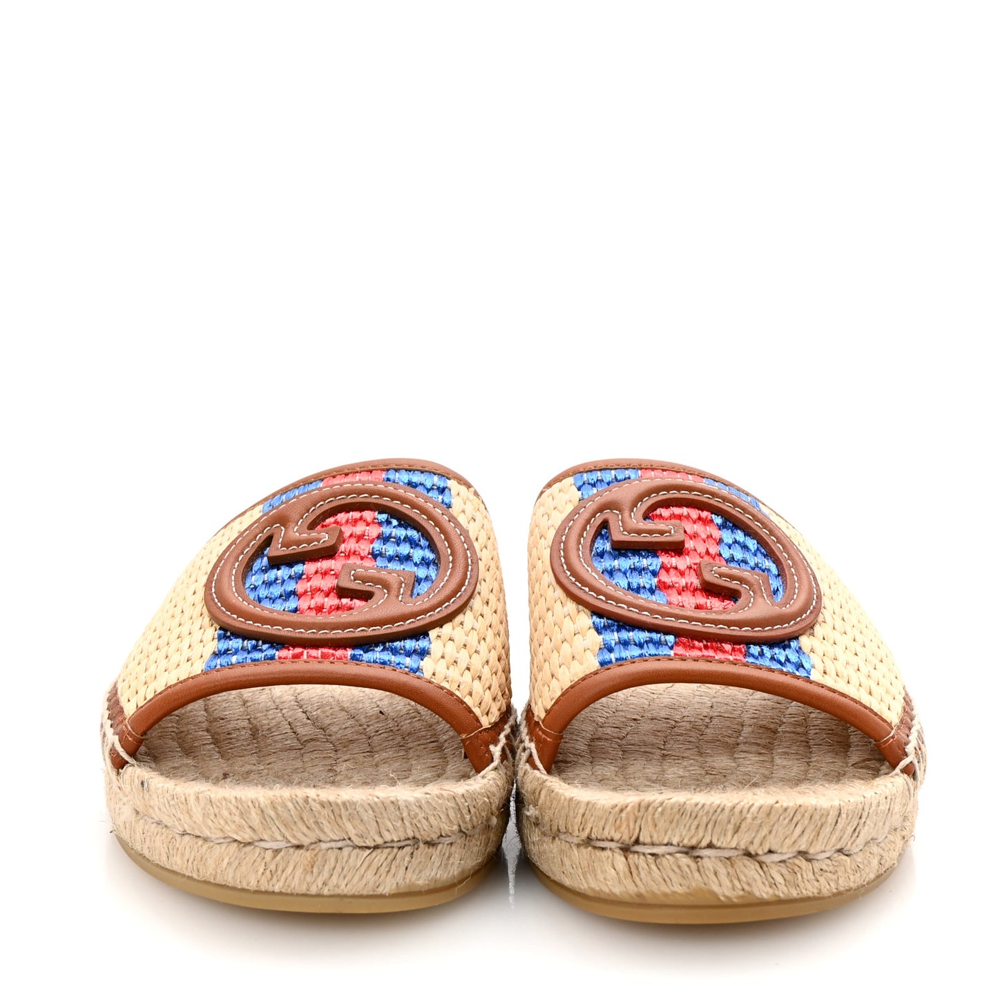 Raffia Interlocking G Flat Slide Espadrille Sandals 38.5 Natural Harness Brown