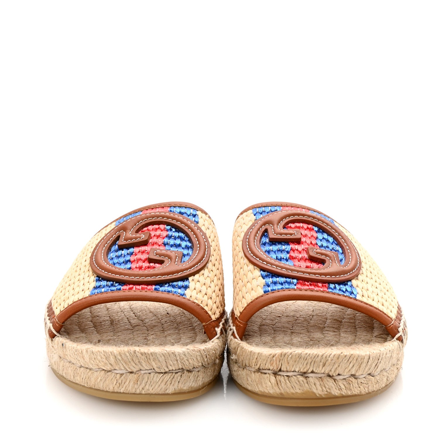 Gucci Raffia Interlocking G Flat Slide Espadrille Sandals 38.5 Natural Harness Brown 3 of 10