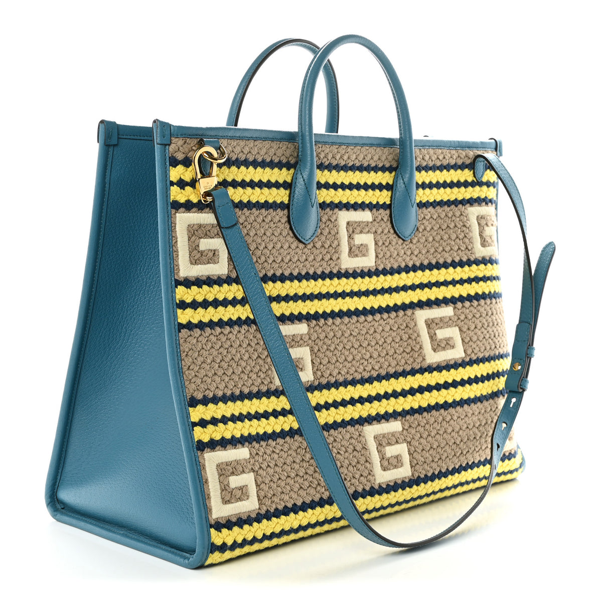Fabric Embroidered Hawaii Striped Tote Bag Blue