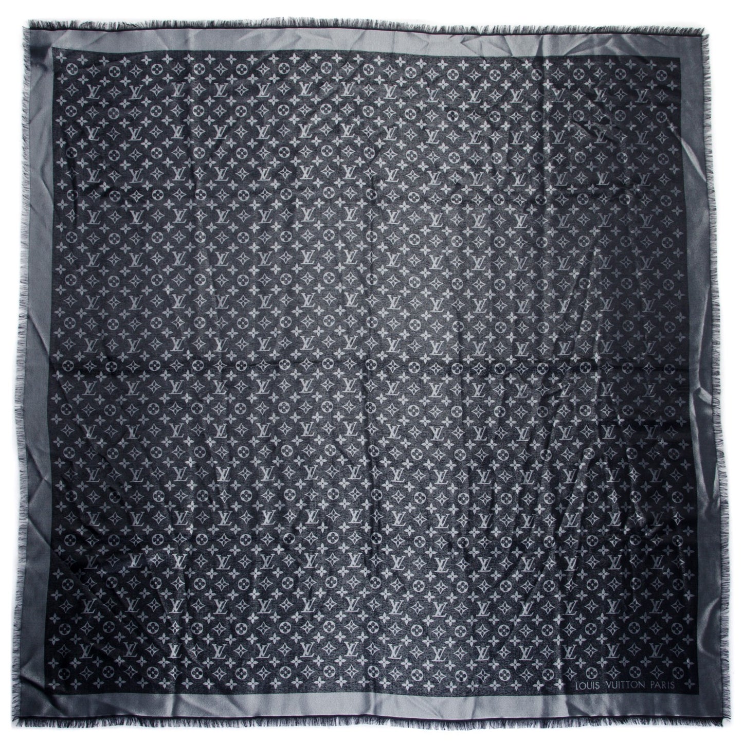 Wool Silk Monogram Denim Shawl Black