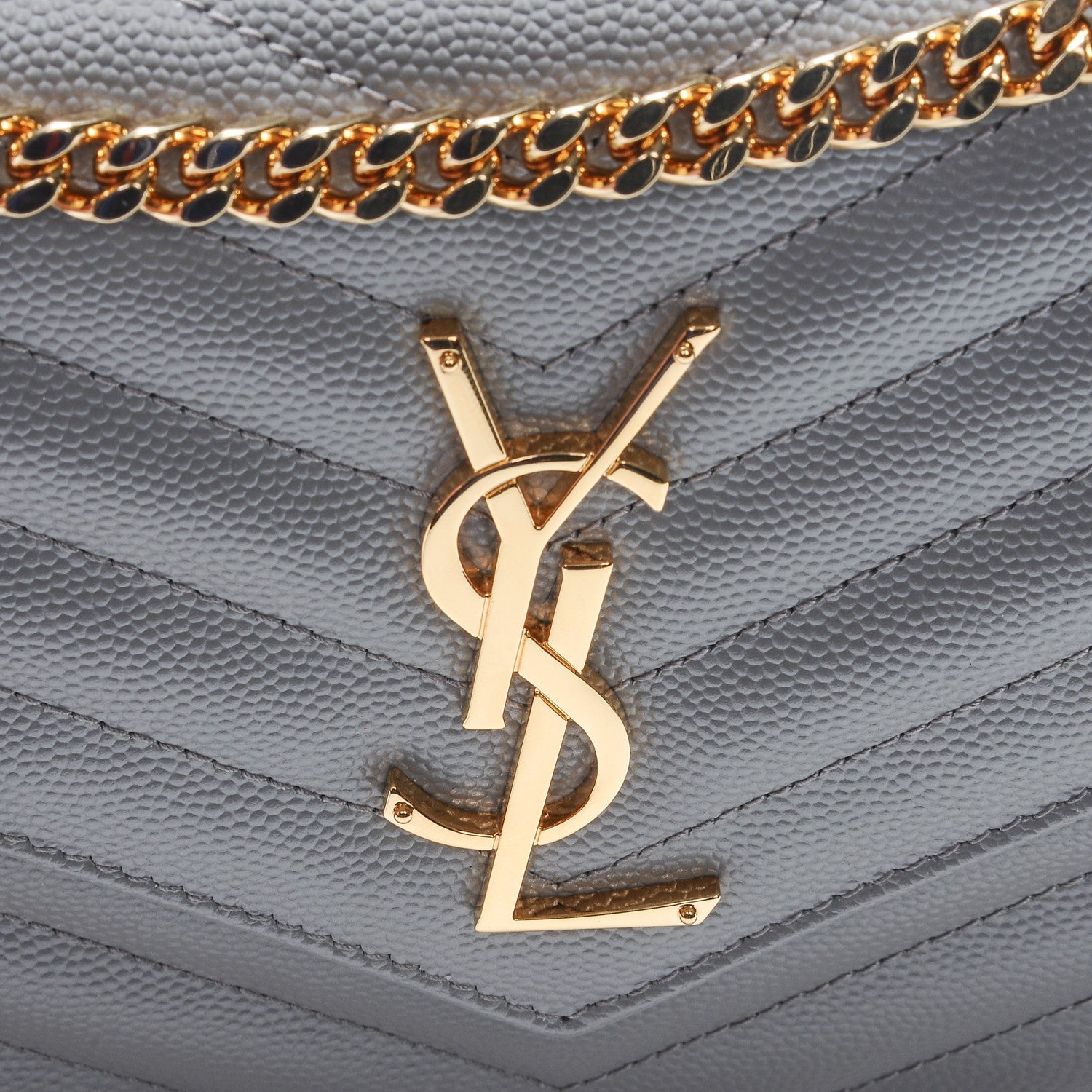Saint Laurent Grain De Poudre Matelasse Chevron Monogram Chain Wallet Oyster Grey 6 of 8