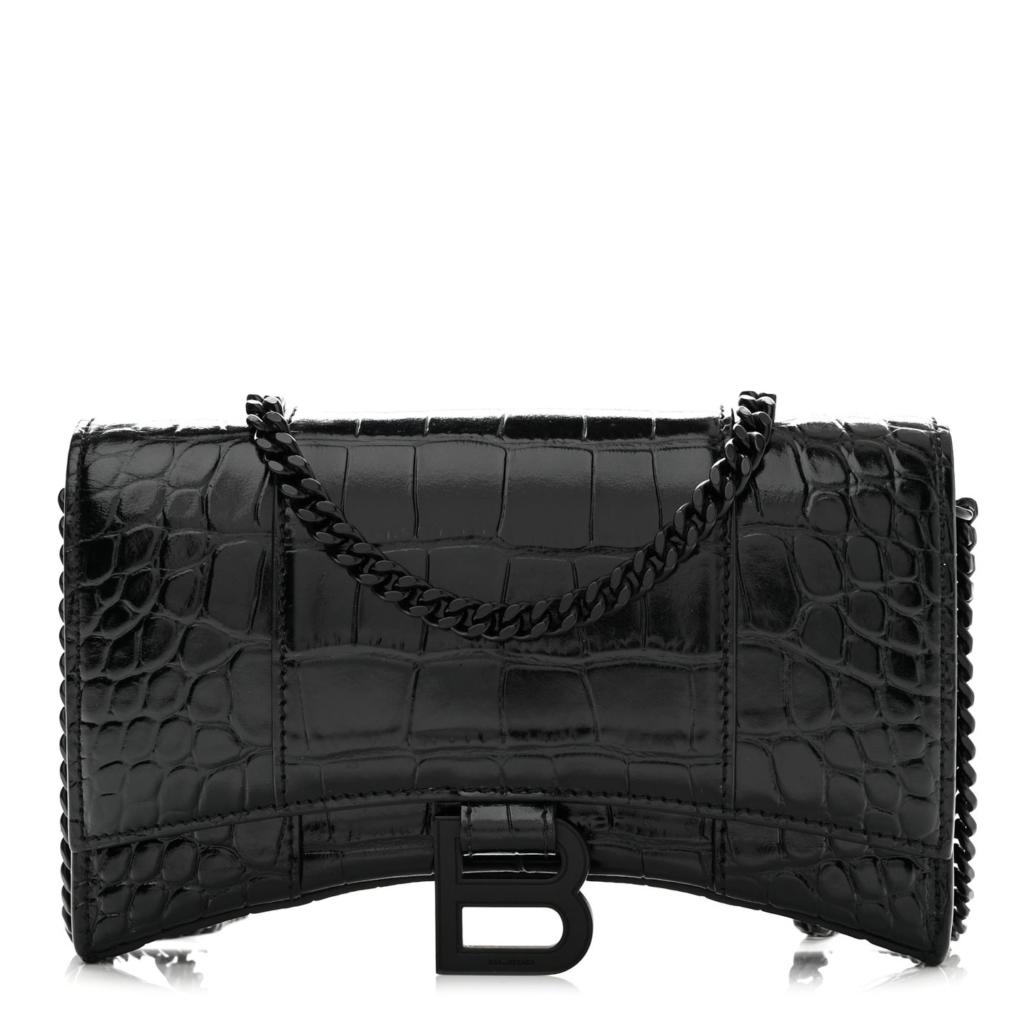 Shiny Calfskin Monochrome Crocodile Embossed Hourglass Chain Bag Black