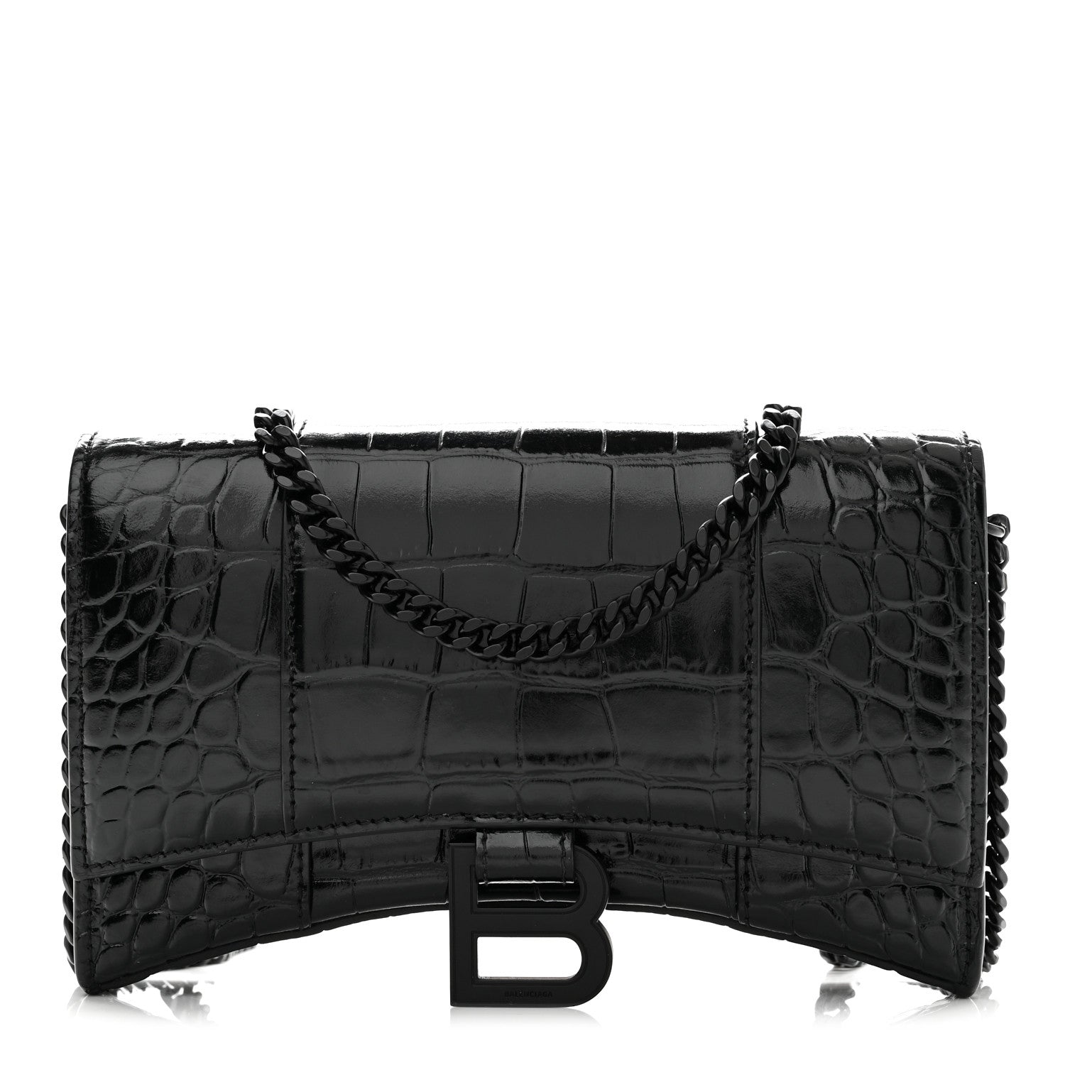Balenciaga Shiny Calfskin Monochrome Crocodile Embossed Hourglass Chain Bag Black 1 of 10
