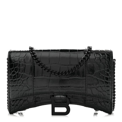 Balenciaga Shiny Calfskin Monochrome Crocodile Embossed Hourglass Chain Bag Black 1 of 10