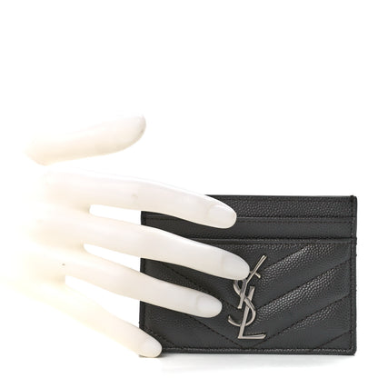 Saint Laurent Grain De Poudre Matelasse Chevron Monogram Credit Card Case Coal 2 of 11