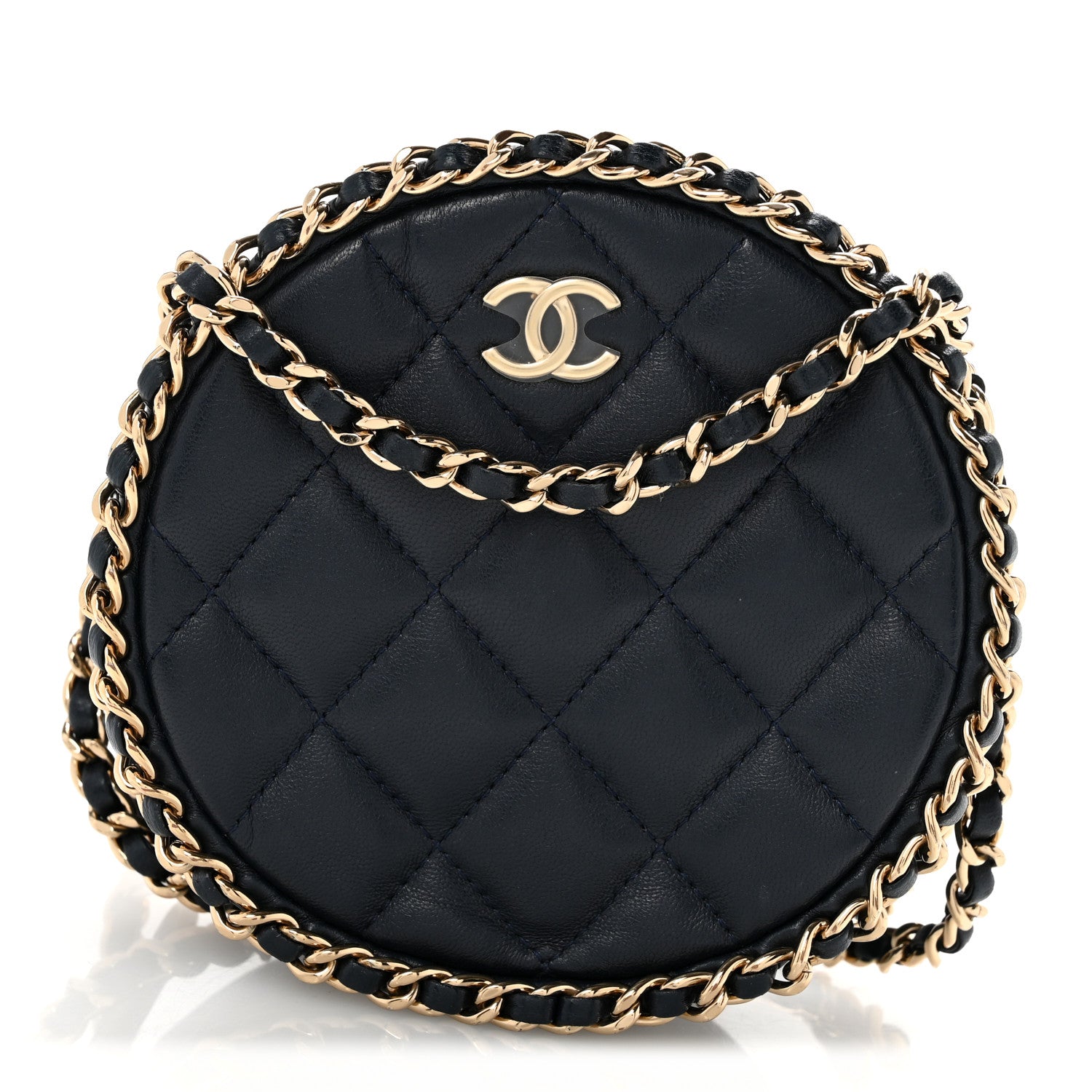 Chanel Lambskin Quilted Chain Around CC Round Clutch With Chain Navy 1 of 11