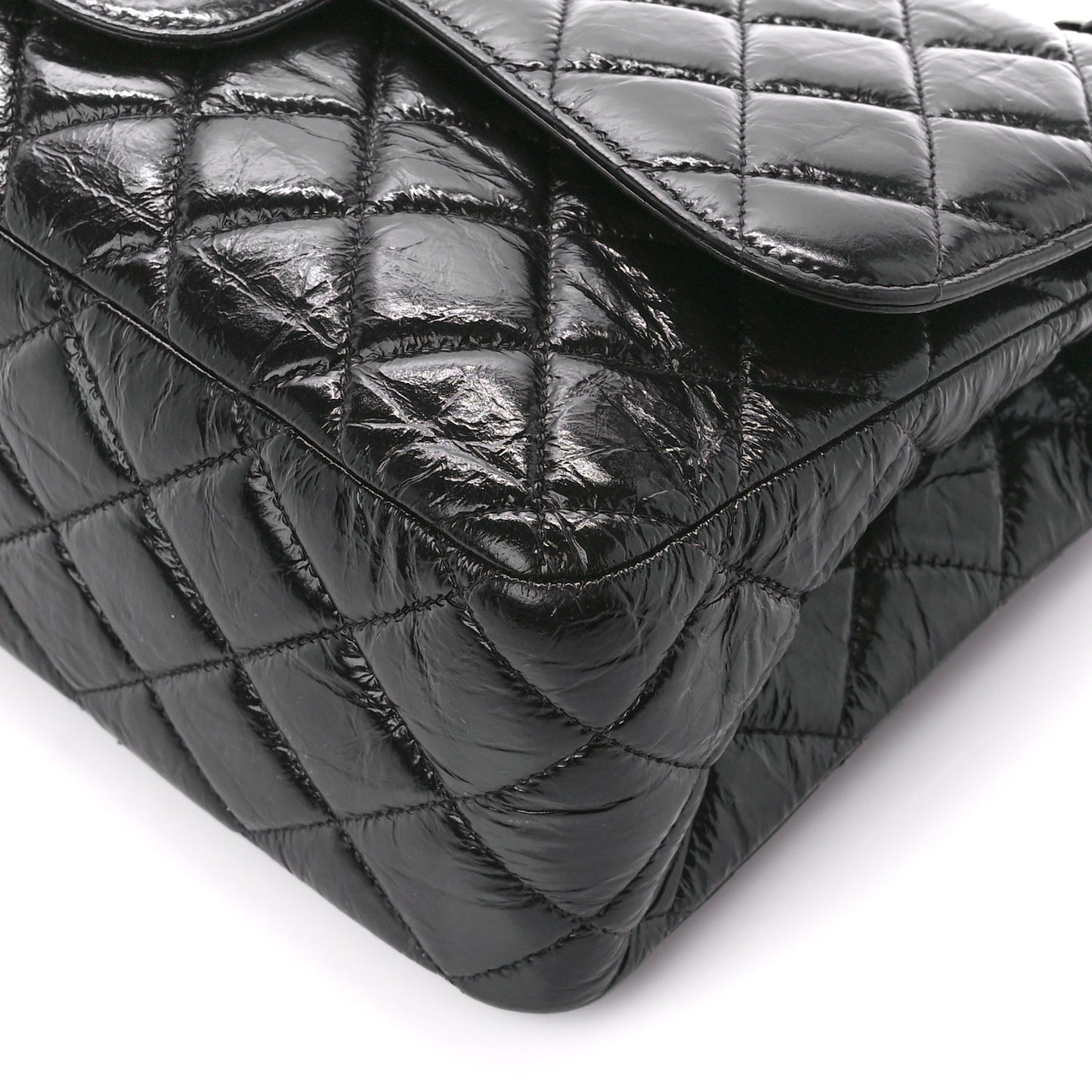 Shiny Distressed Calfskin Quilted Jumbo Double Flap So Black