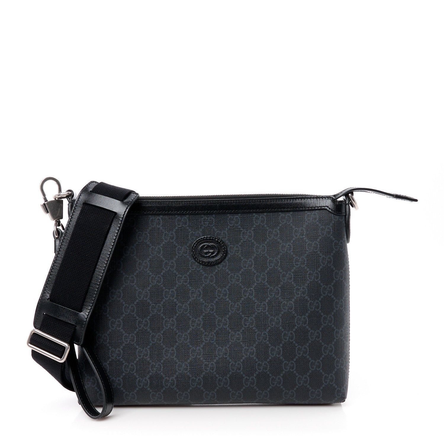 Gucci GG Supreme Monogram Azalea Calfskin Retro Interlocking G Wristlet Messenger Bag Black 1 of 11