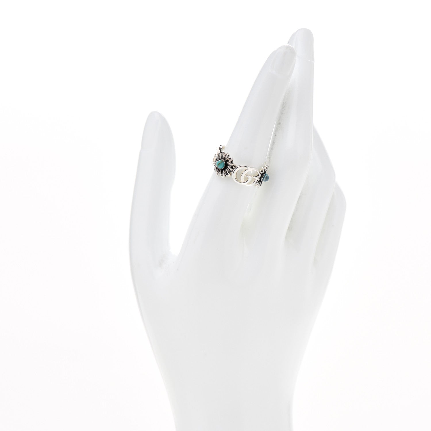 Gucci Sterling Silver Mother of Pearl Blue Topaz Flower Marmont Double G Ring 54 7 2 of 6