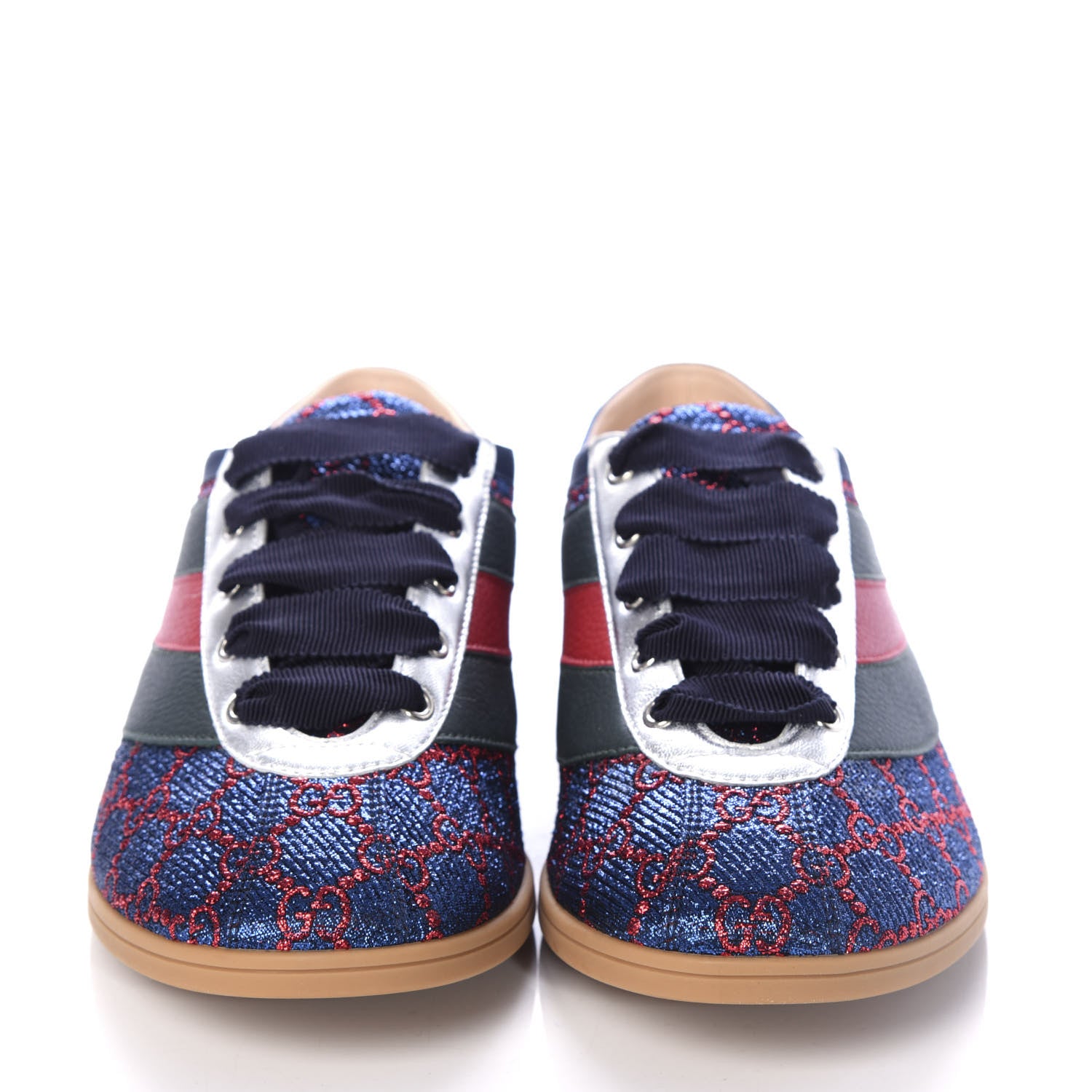Gucci Lurex Calfskin Web GG Monogram Mens Falacer Sneakers 8.5 Iridescent Blue Iridescent Red Silver 2 of 11