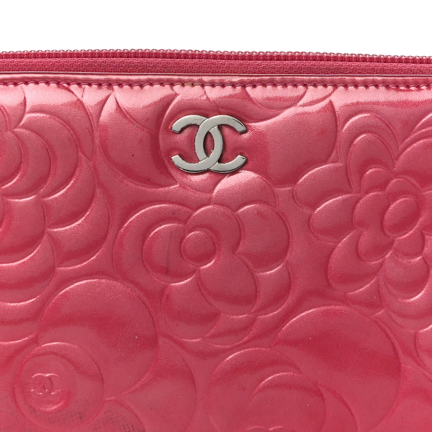 Patent Camellia Embossed Large Gusset Zip Around Wallet Pink