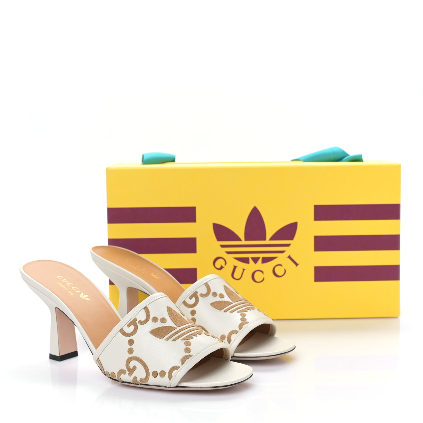 X ADIDAS Nappa Suede Monogram Jumbo GG Trefoil 75mm Slide Sandals 39.5 New Mystic White Sand