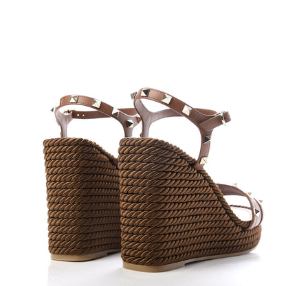 Valentino Garavani Calfskin Rockstud Torchon Espadrille 25/115mm Wedge Sandals 41 Cuoio 4 of 11