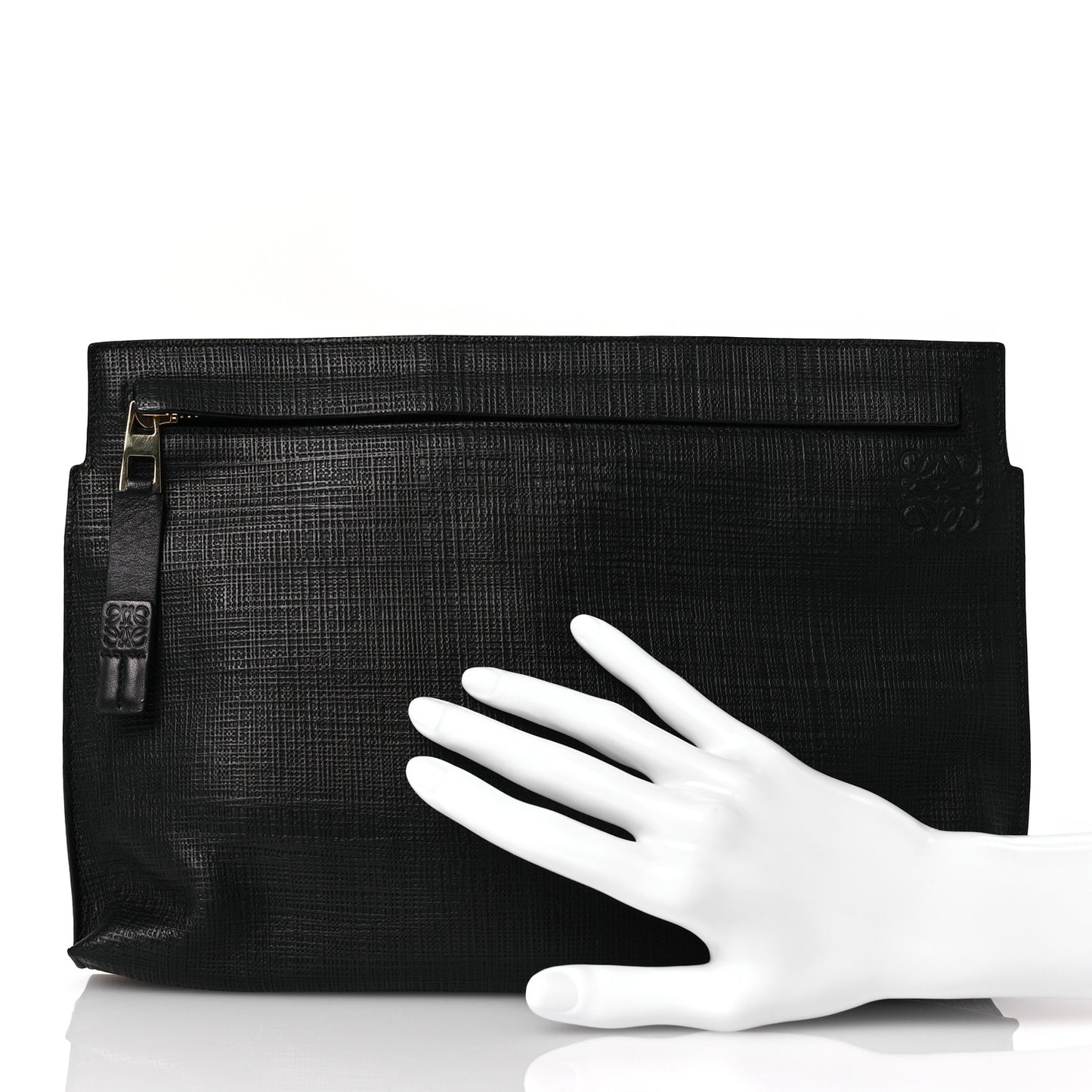 Calfskin Linen Embossed Large T Pouch Black