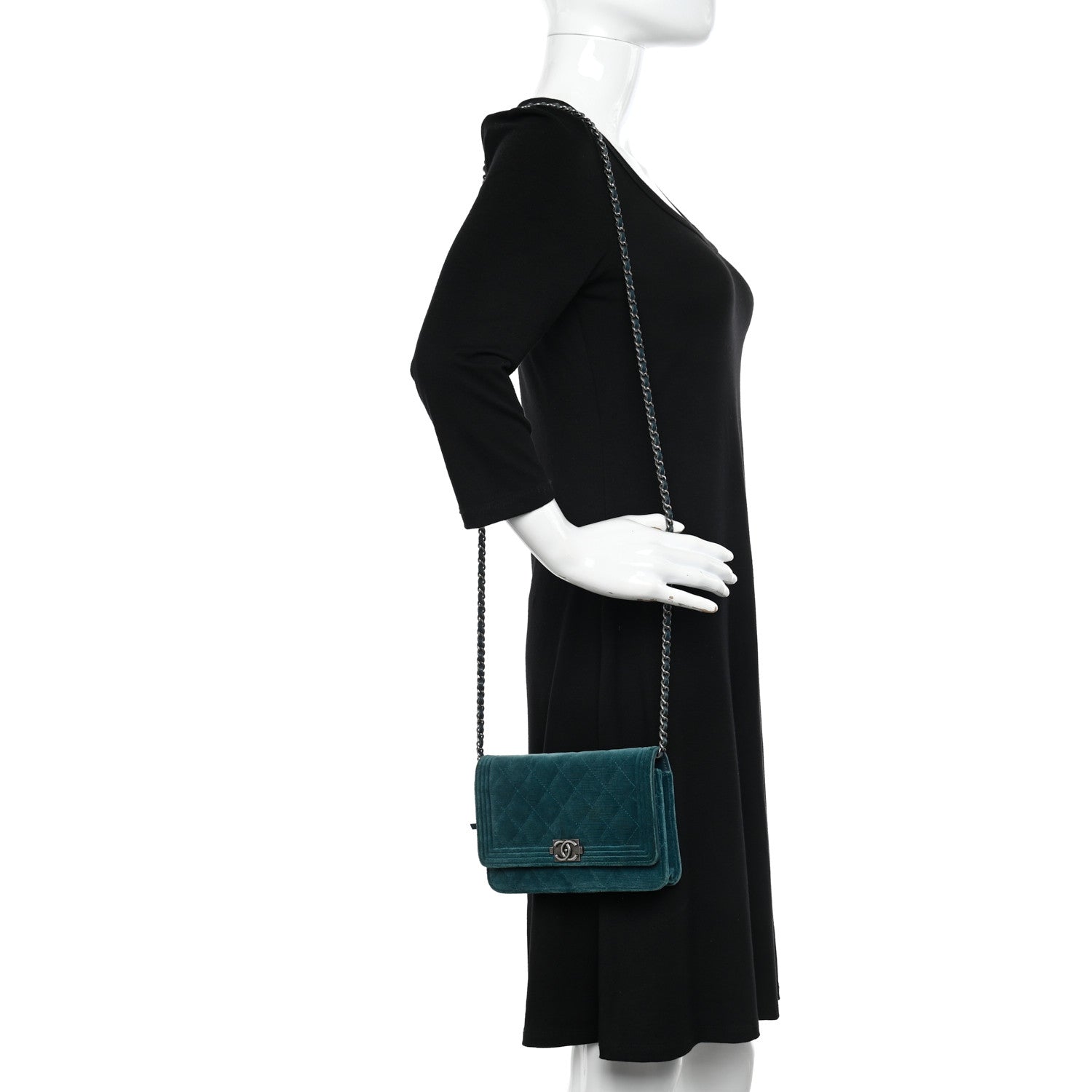 Chanel Velvet Quilted Boy Wallet On Chain WOC Teal 2 of 12