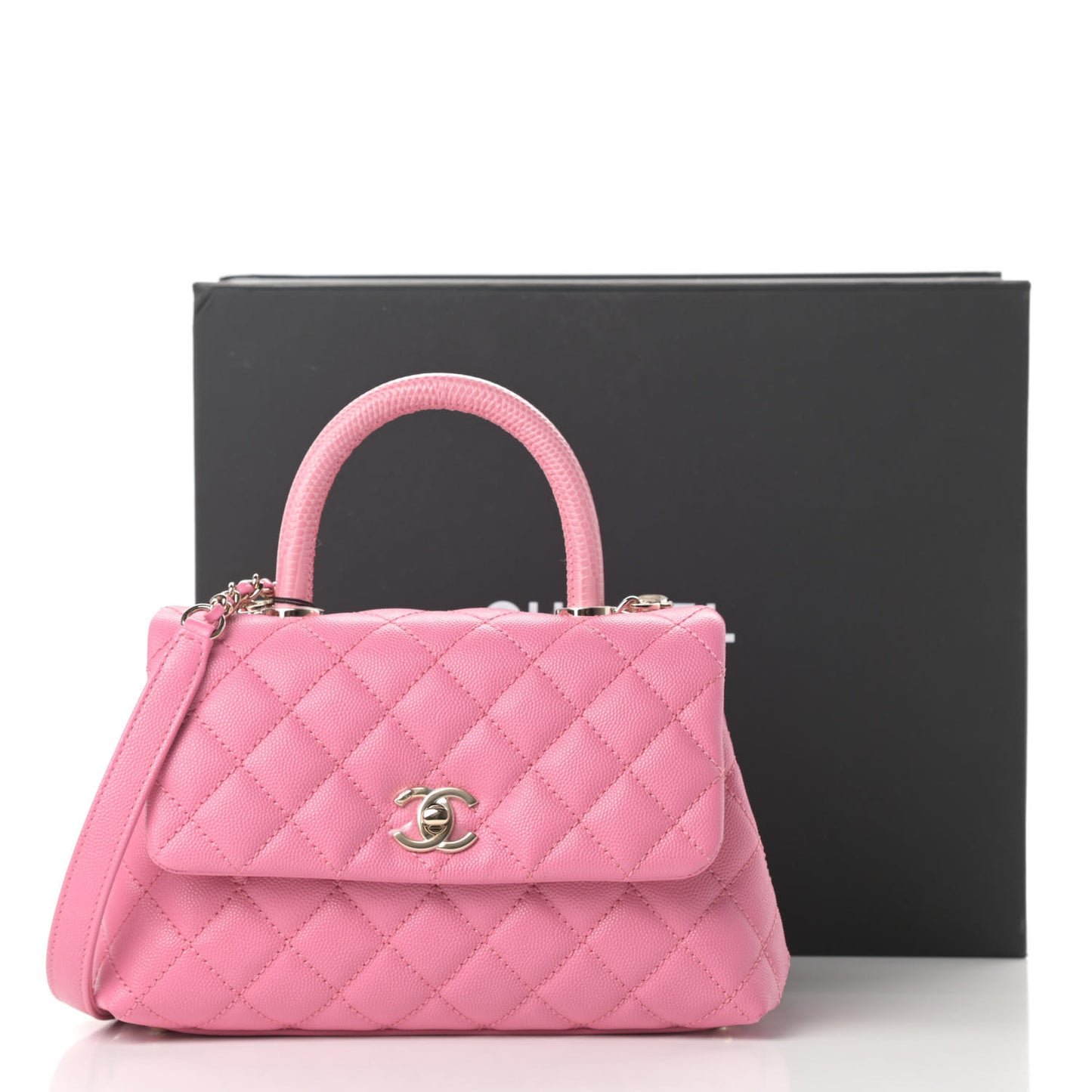 Caviar Lizard Embossed Quilted Mini Coco Handle Flap Pink