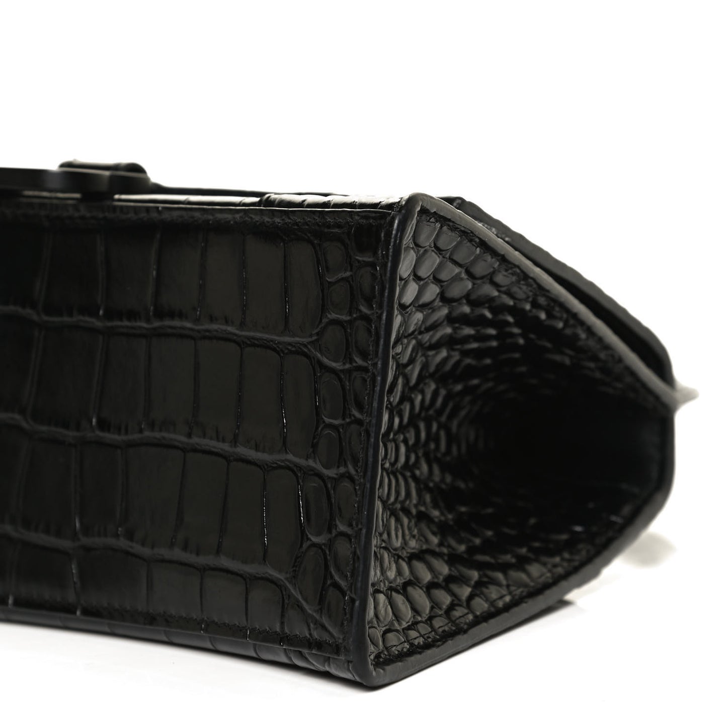 Shiny Calfskin Monochrome Crocodile Embossed Small Hourglass Top Handle Bag Black