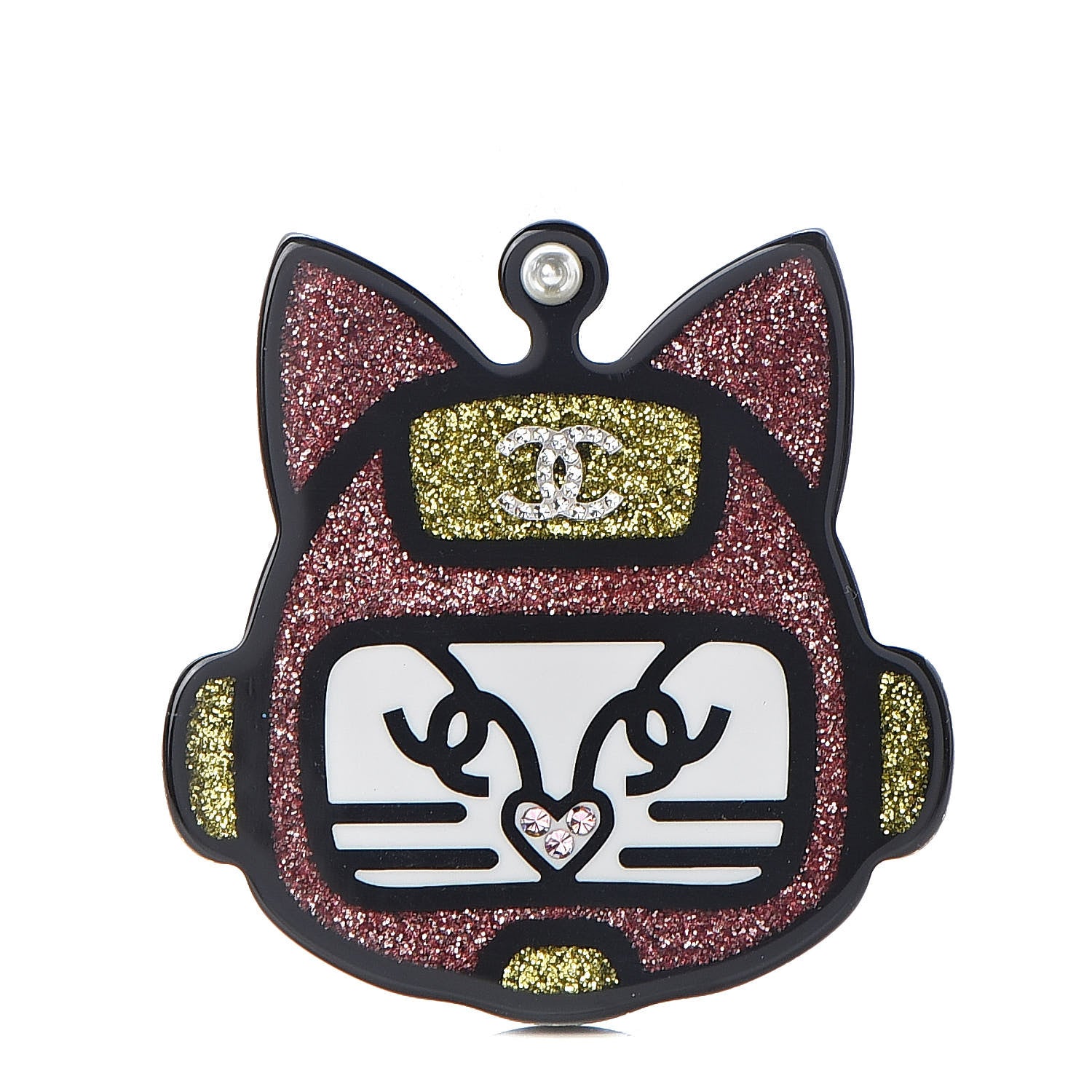Chanel Resin Crystal Cat Emoji Brooch Black Pink Yellow 1 of 5