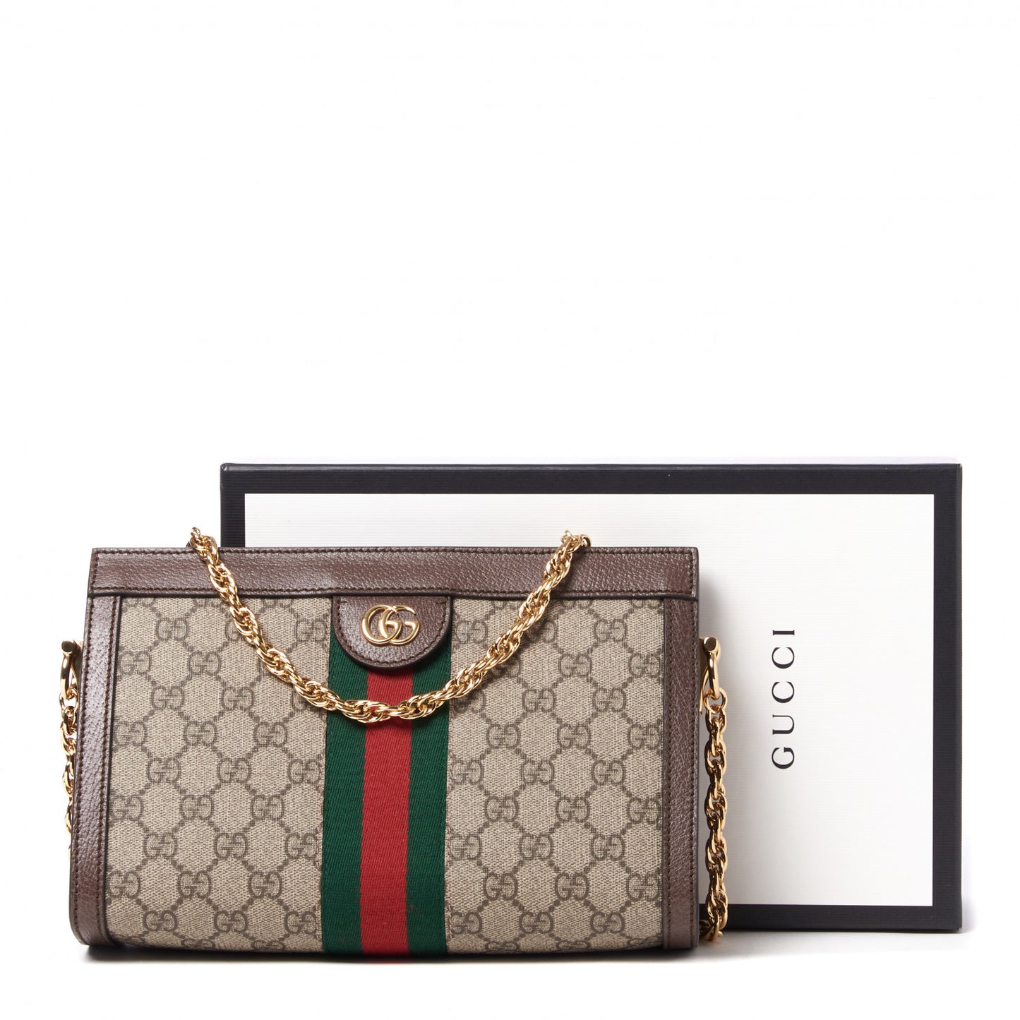 GG Supreme Monogram Web Small Ophidia Chain Shoulder Bag Brown
