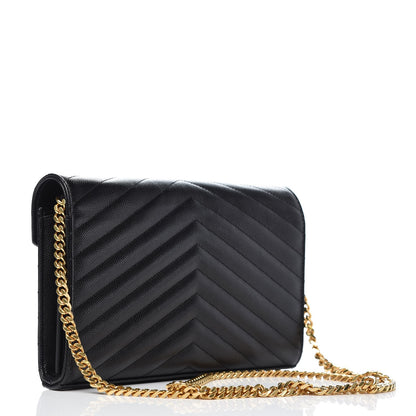 Saint Laurent Grain De Poudre Matelasse Chevron Monogram Chain Wallet Black 3 of 7