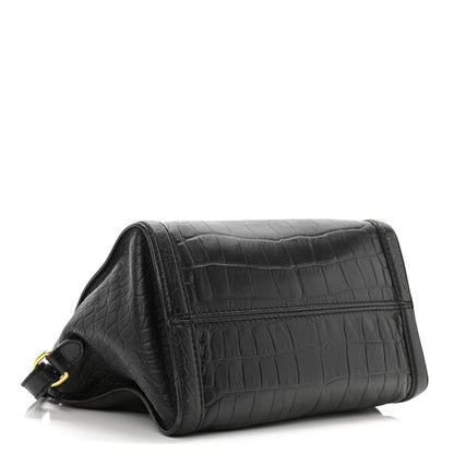 Alexander McQueen Calfskin Crocodile Embossed Small Skull Padlock Zip Around Tote Black 4 of 13