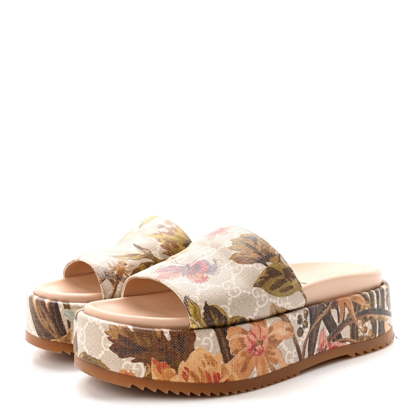 GG Supreme Monogram Water Flora Angelina Platform Slide Sandals 38.5 Beige White Multicolor