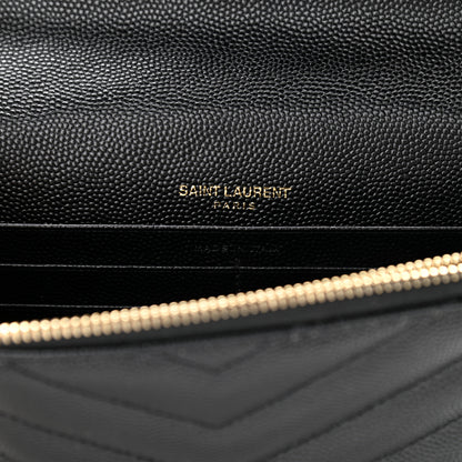 Saint Laurent Grain De Poudre Matelasse Chevron Monogram Envelope Chain Wallet Black 6 of 10