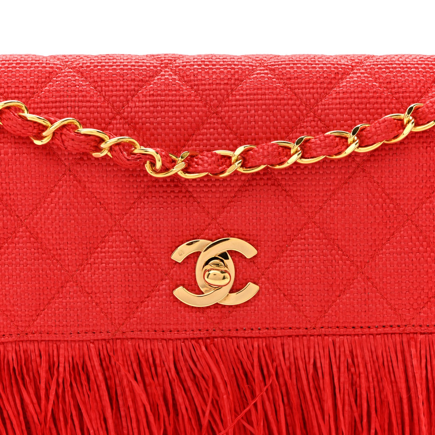 Chanel Woven Raffia Quilted CC Fringe Flap Red 9 of 12
