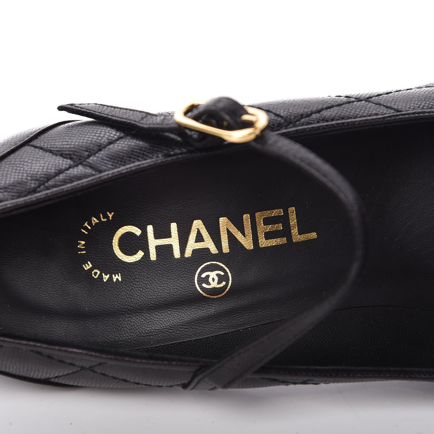 Grained Calfskin Patent Quilted CC Cap Toe Ankle Strap Pumps 37.5 Black