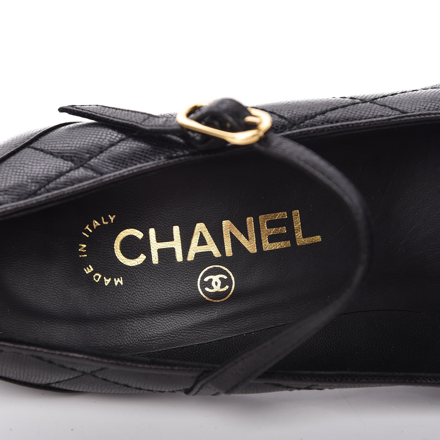 Chanel Grained Calfskin Patent Quilted CC Cap Toe Ankle Strap Pumps 37.5 Black 7 of 9