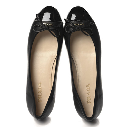 Prada Nappa Vernice Cap Toe Logo Bow Ballerina Flats 37.5 Black 2 of 9